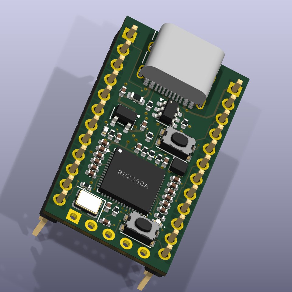 小型MCUボードの3Dレンダリング。狭ピッチQFNマイコン・USB-C・水晶振動子を高密度に実装した4層基板